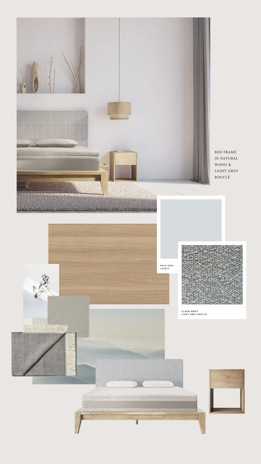Concept board: natural wood bed frame and bedside table, light grey boucle, pale grey