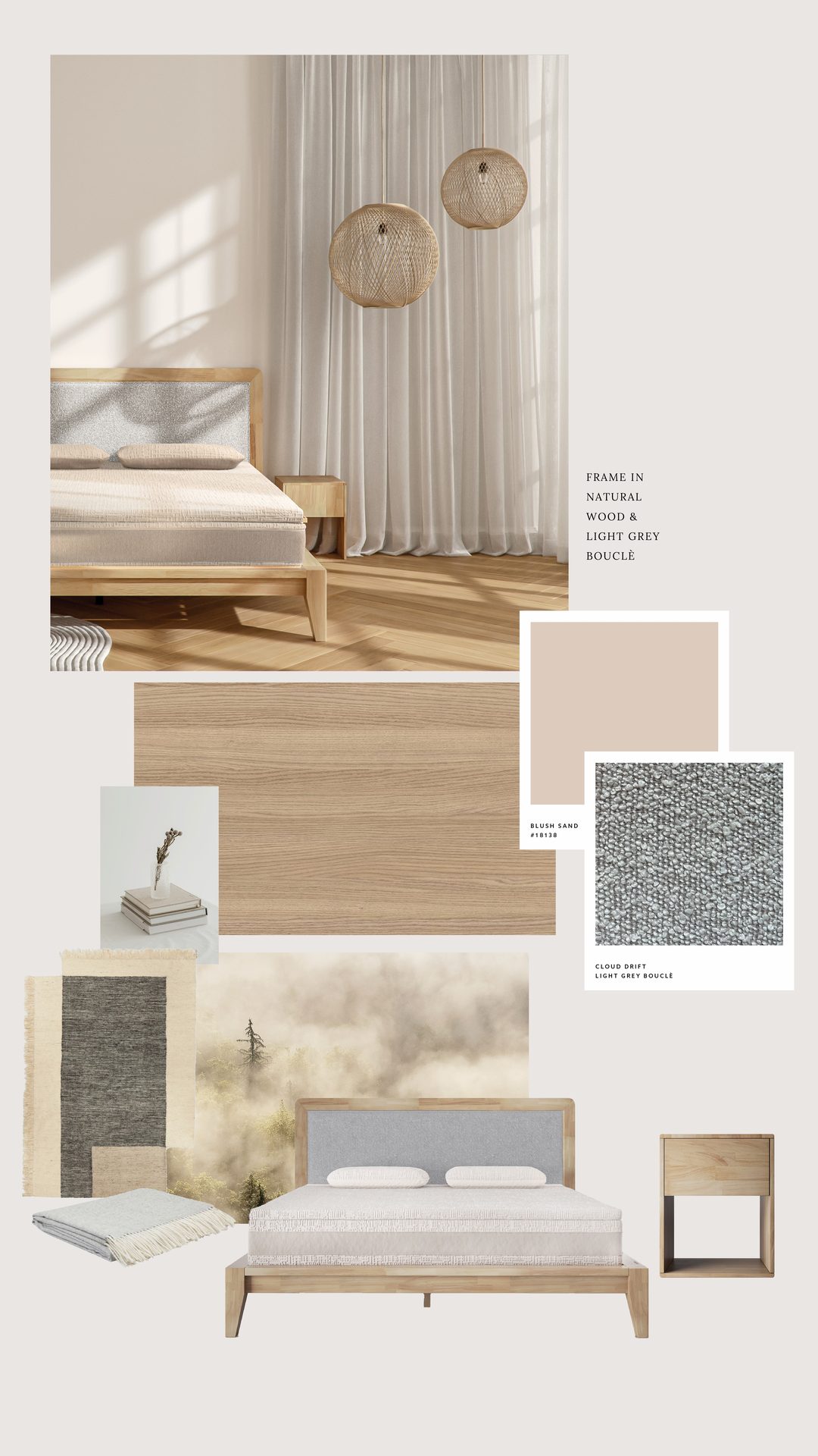 Concept board: natural wood bed frame and bedside table, light grey boucle, blush sand