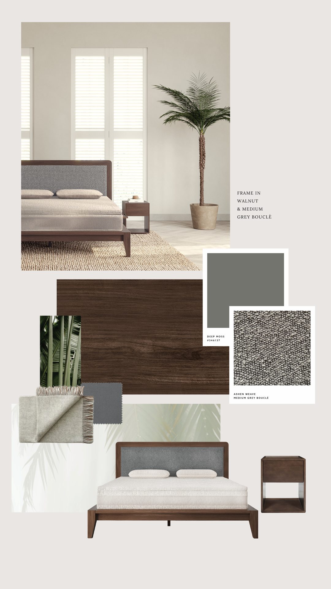 Concept board: walnut bed frame and bedside table, medium grey boucle, deep moss