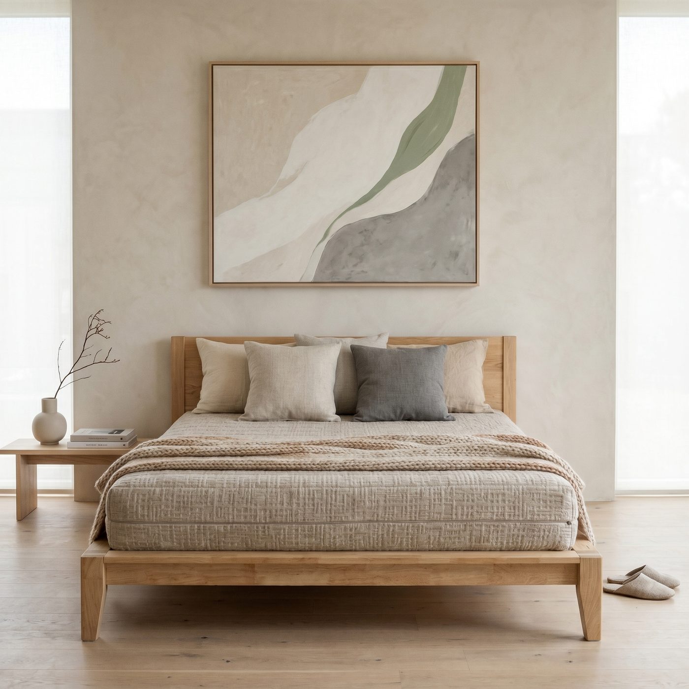 An oak bed frame dressed with cushions and a knitted throw