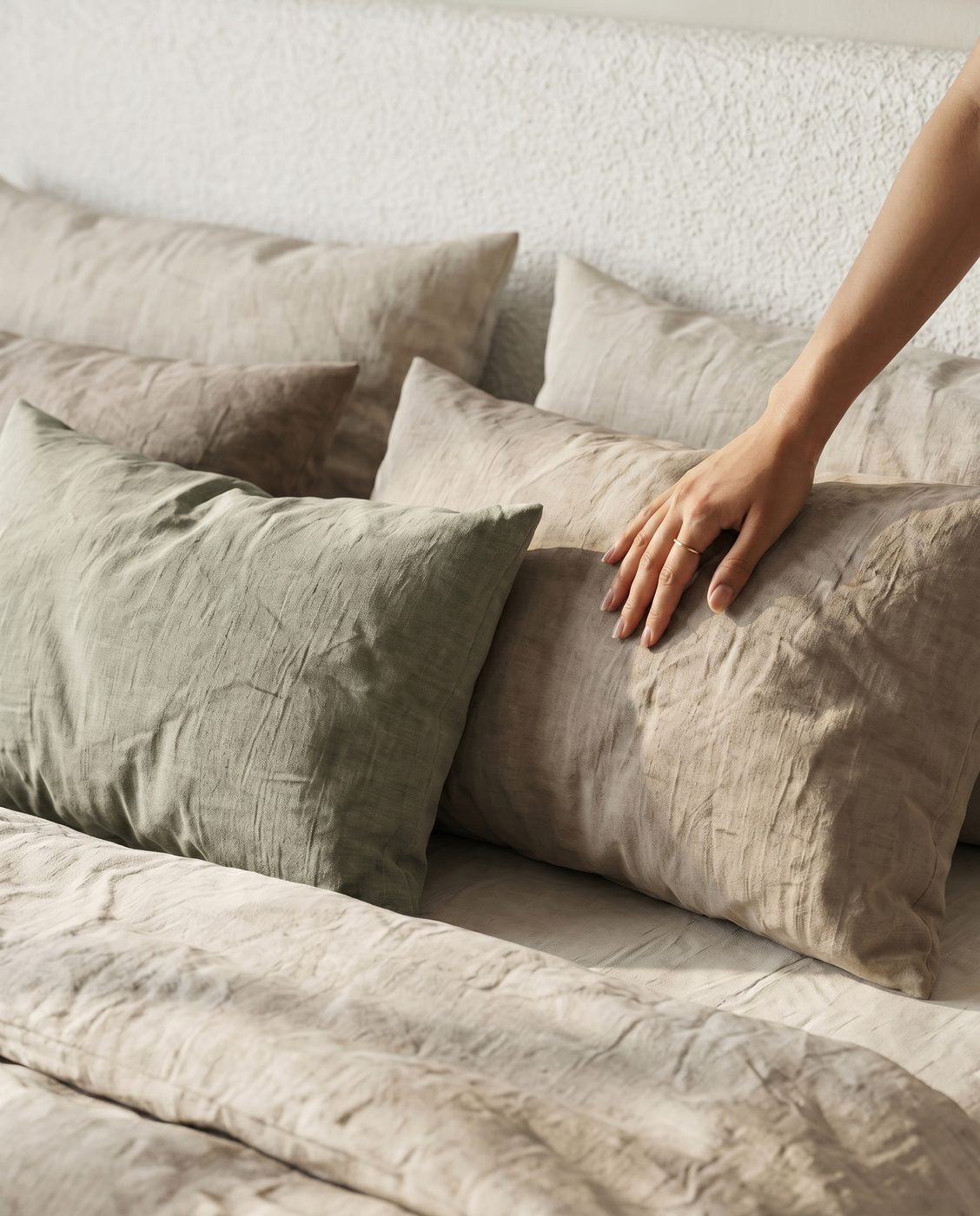 Linen pillowcases and a duvet cover in sage and sand