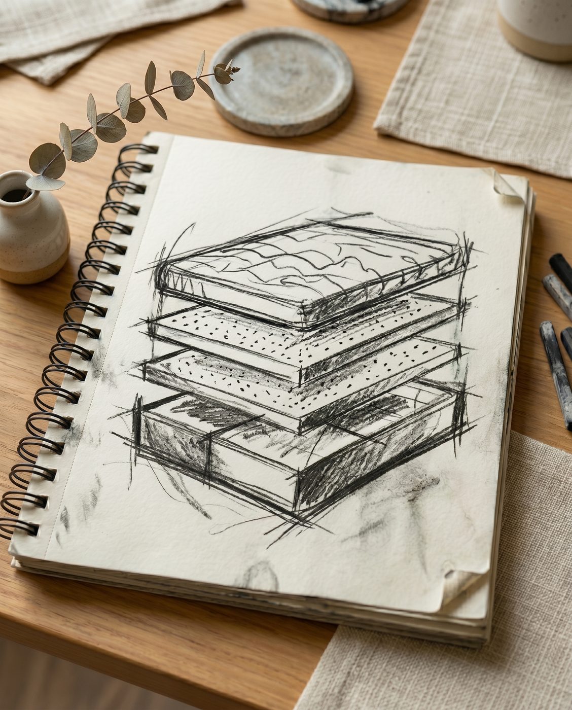 A pencil sketch of mattress layers in a notebook